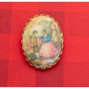 Vintage Victorian Oval Painting Gold Tone Brooch - O13